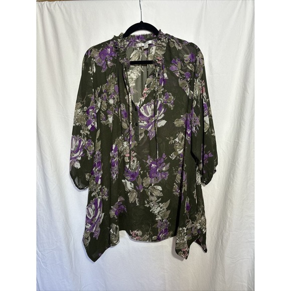 LC Lauren Conrad Army Green Purple Floral Sleeve Blouse Size M EUC F17‎ - Picture 1 of 4